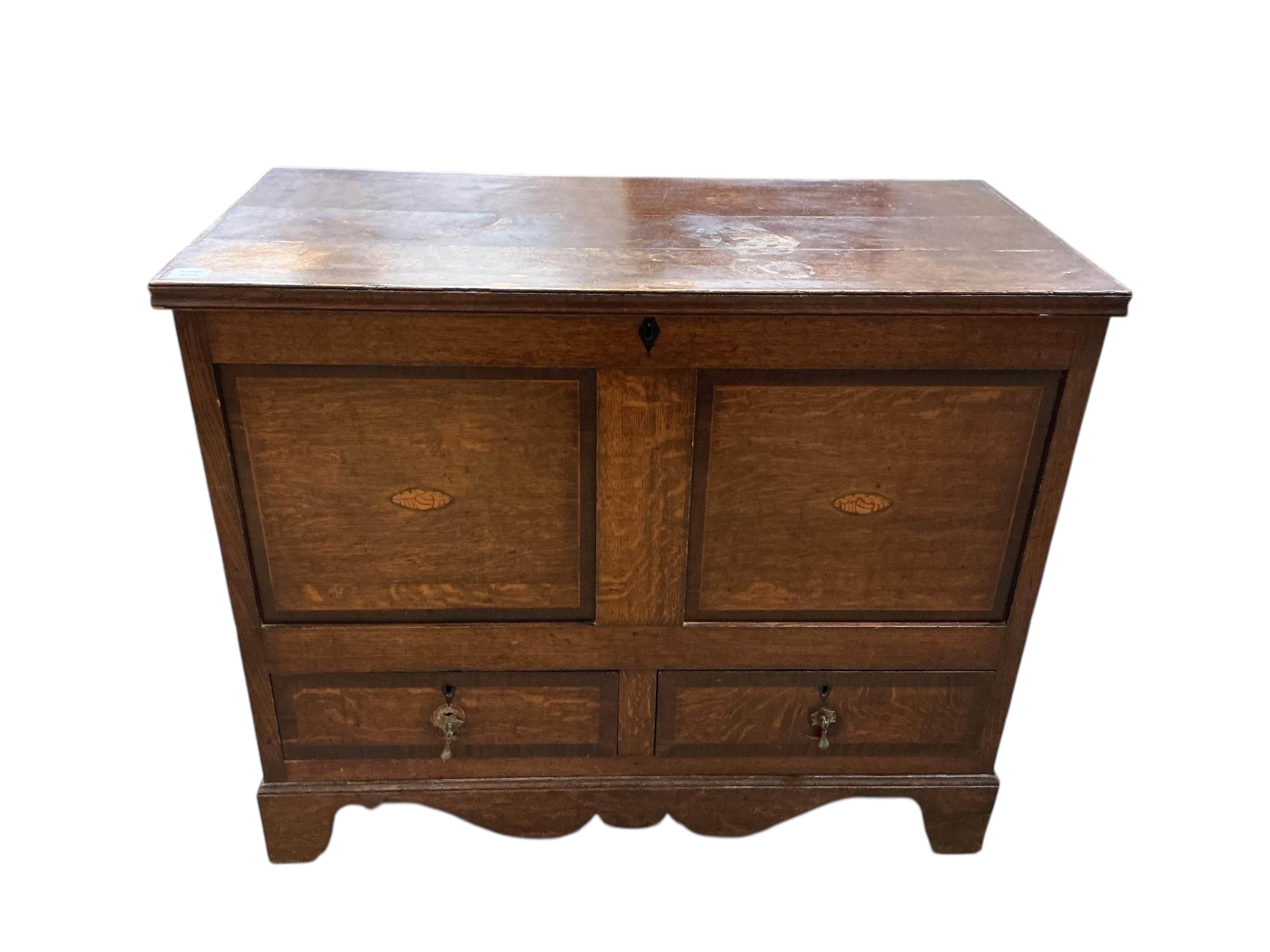 A 19th century inlaid oak mule chest, width 104cm, depth 50cm, height 86cm